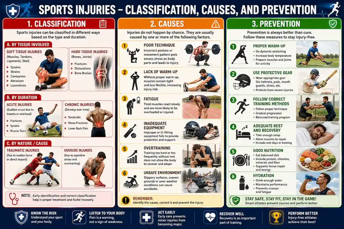 Sports injuries infographic explaining the classification of injuries, common causes, and prevention strategies with illustrated examples of soft tissue injuries, hard tissue injuries, warm-up, protective gear, rest, nutrition, and hydration.