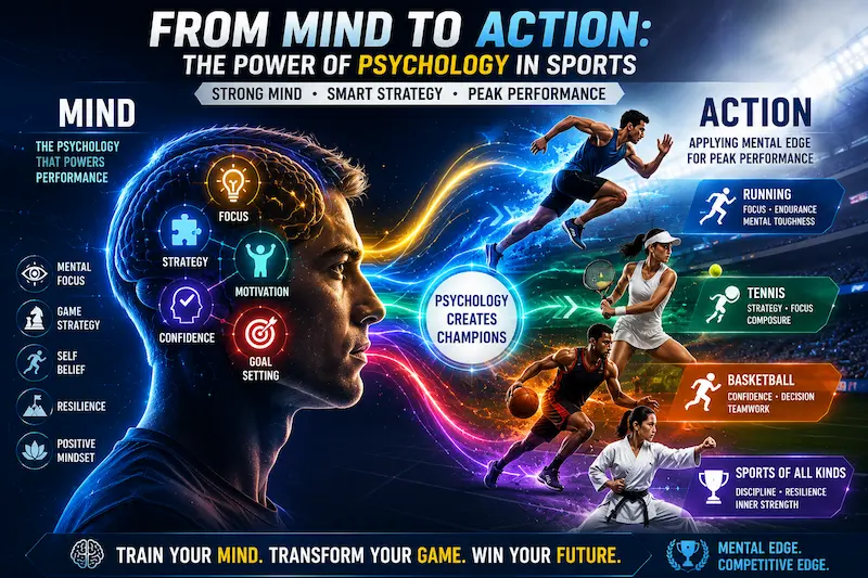 Sports psychology infographic showing how mental skills such as focus, strategy, and motivation influence athlete performance in running, tennis, basketball, and other sports.