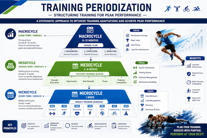 Alt Text:
Sports training periodization infographic illustrating Macrocycle, Mesocycle, and Microcycle training cycles in a hierarchical pyramid for athletic performance planning and sports science.