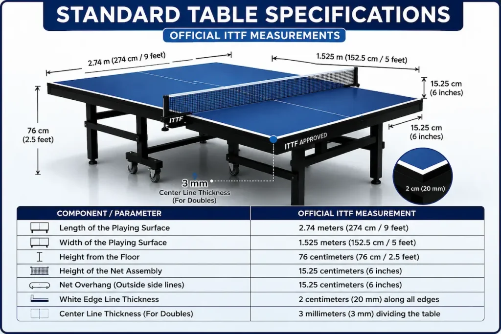 Official ITTF table tennis table specifications infographic showing table dimensions, net height, playing surface size, edge line thickness, center line, and standard measurements.