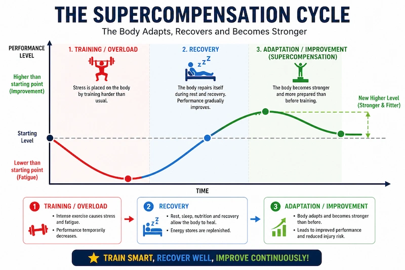 Supercompensation cycle showing training overload recovery and adaptation