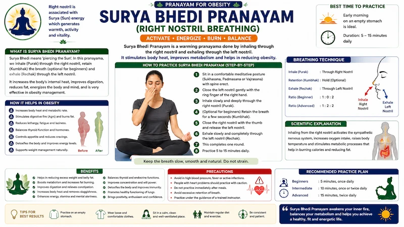 Surya Bhedi Pranayama (Right Nostril Breathing) infographic demonstrating the correct breathing technique for obesity management, showing inhalation through the right nostril, optional breath retention, and exhalation through the left nostril, with step-by-step instructions, benefits, precautions, and breathing ratios for CBSE Class 12 Physical Education.