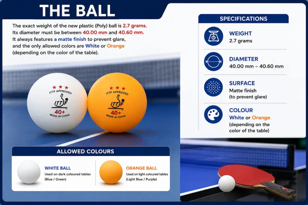 Official ITTF table tennis ball specifications infographic showing a 2.7-gram poly ball, 40–40.60 mm diameter, matte finish, and approved white and orange ball colors.