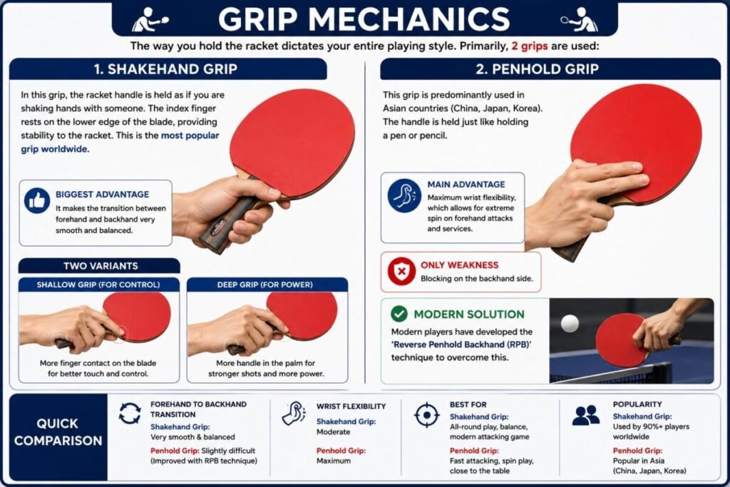 Educational infographic comparing the Shakehand Grip and Penhold Grip in table tennis, showing correct hand positions, grip techniques, advantages, and playing styles according to ITTF standards.