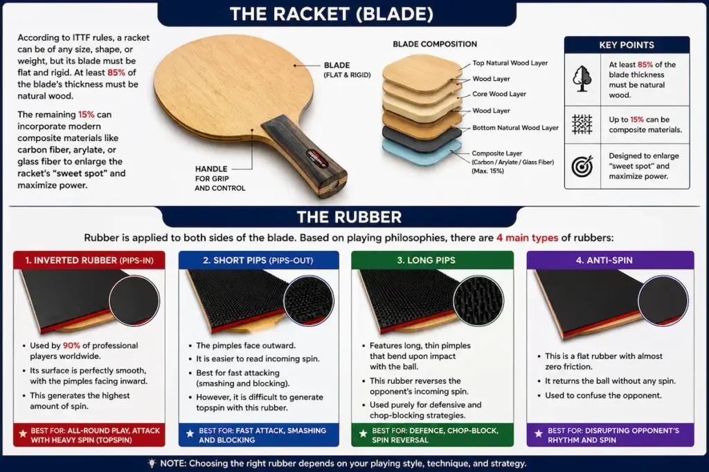 Educational infographic showing a table tennis racket blade construction and the four main rubber types: inverted rubber, short pips, long pips, and anti-spin rubber according to ITTF equipment standards.