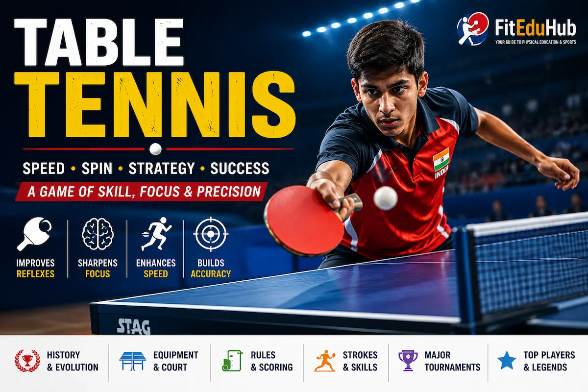 Table tennis featured image showing a player playing with a table tennis racket and ball on an official table, representing the complete guide to table tennis history, rules, equipment, strokes, skills, and major tournaments.