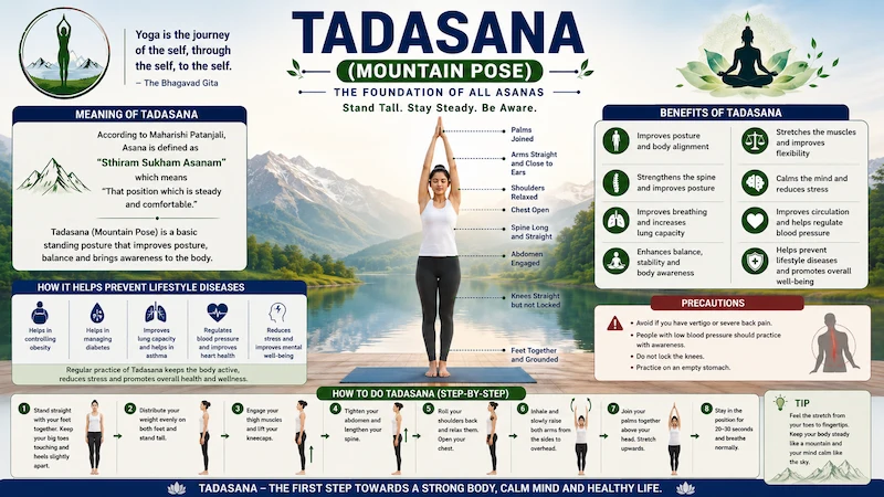 Tadasana (Mountain Pose) yoga infographic demonstrating the correct standing posture with both arms raised overhead, palms joined, highlighting the steps, benefits, precautions, and health advantages for CBSE Class 12 Physical Education.