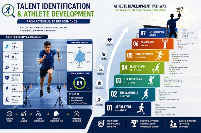 Talent Identification and Athlete Development infographic showing sports science performance testing, athlete assessment, LTAD training stages, and pathway from beginner to elite champion.