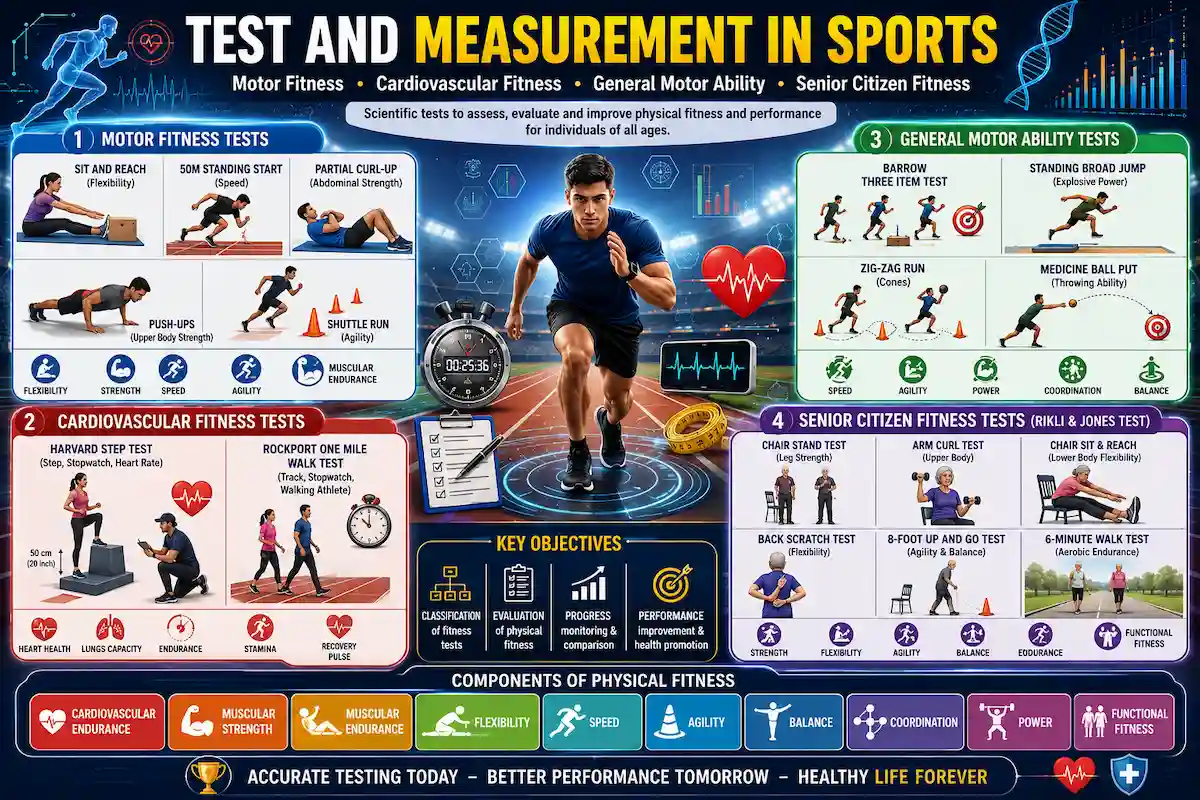 Comprehensive Test and Measurement in Sports mind map infographic for CBSE Class 12 Physical Education illustrating Motor Fitness Tests, Cardiovascular Fitness Tests, General Motor Ability Tests, Senior Citizen Fitness Tests, and the major components of physical fitness.