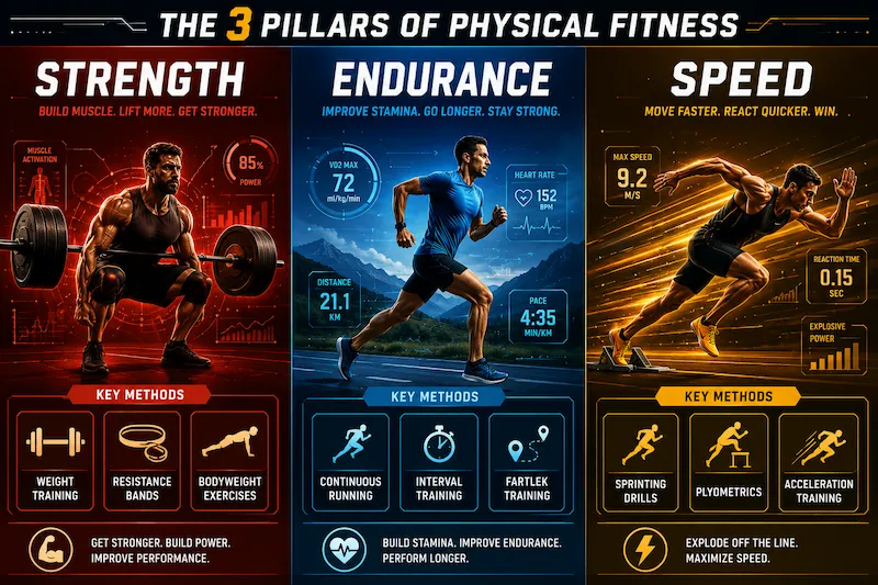 Infographic illustrating the three pillars of physical fitness—Strength, Endurance, and Speed—with training methods including weight training, interval running, sprint drills, plyometrics, and acceleration exercises.