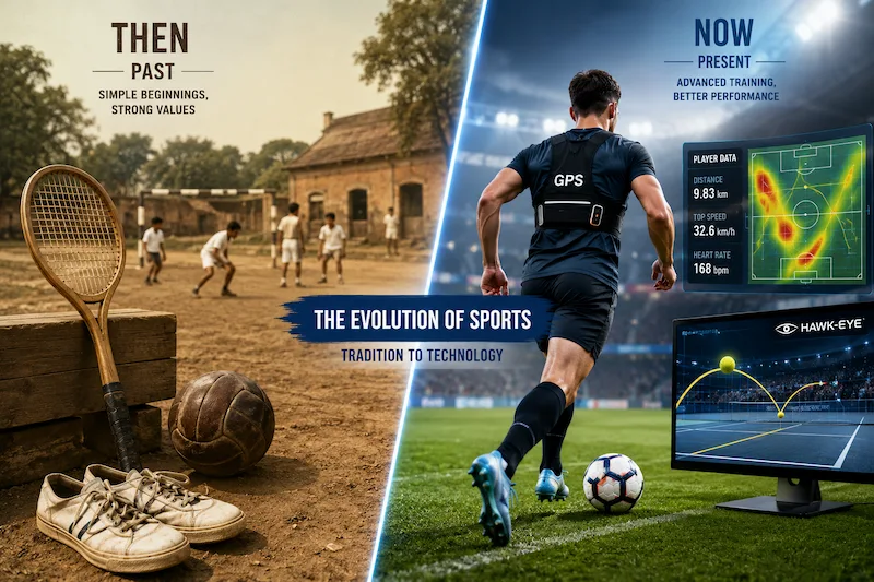 Split-image comparison showing traditional sports equipment and a mud playground on the left, contrasted with modern sports technology featuring a football player wearing a GPS performance vest and a Hawk-Eye tracking system on the right.