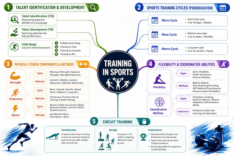 Mind map infographic of Training in Sports for Class 12 Physical Education showing Talent Identification and Development, Sports Training Cycles, Physical Fitness Components, Flexibility, Coordinative Abilities, and Circuit Training.