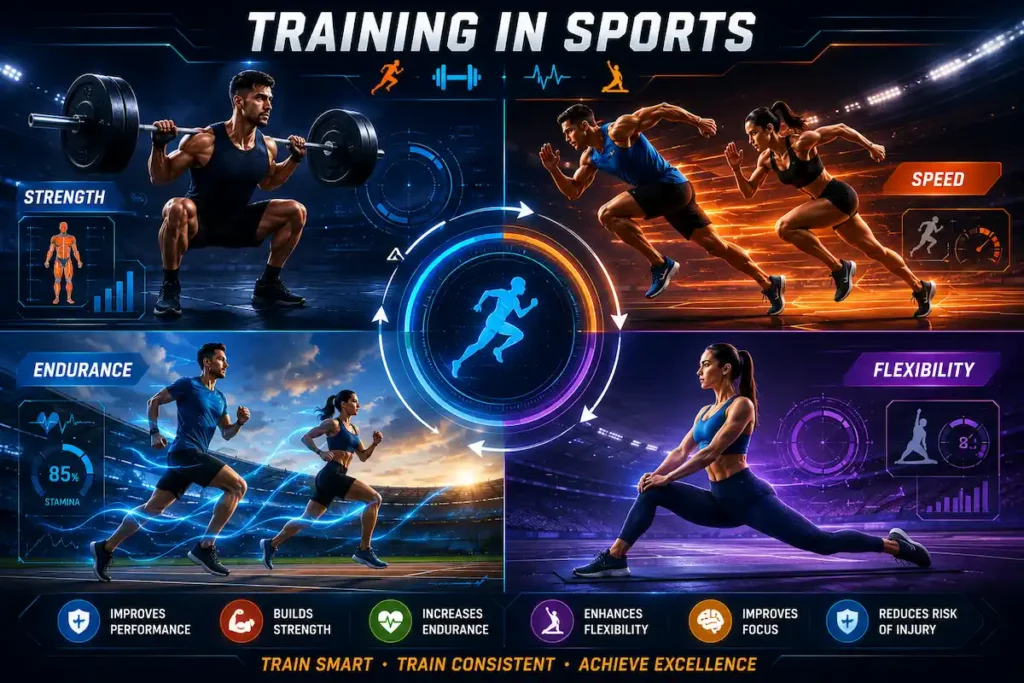 Educational biomechanics in sports infographic showing a sprinter with joint angle measurements, force vectors, and movement analysis illustrating the meaning and importance of biomechanics in sports science.