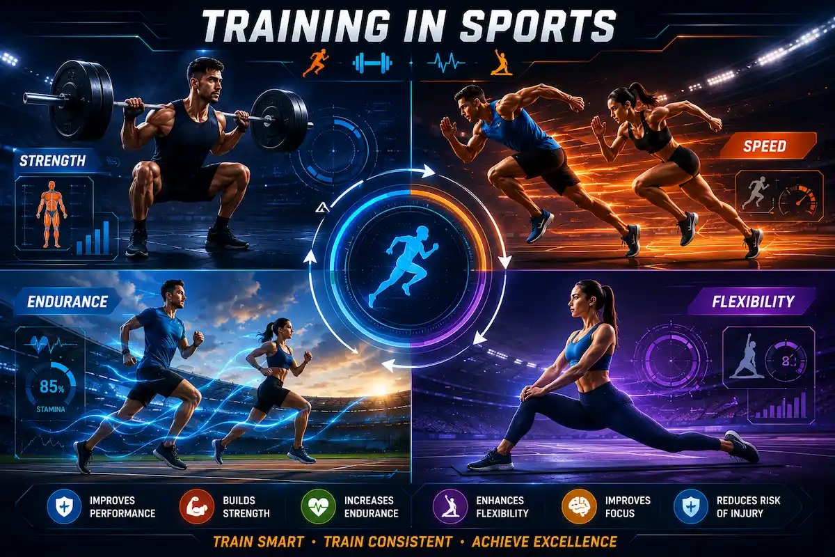 Training in Sports infographic featuring strength, speed, endurance, and flexibility training with male and female athletes in action, connected by sports science data graphics in a futuristic stadium.