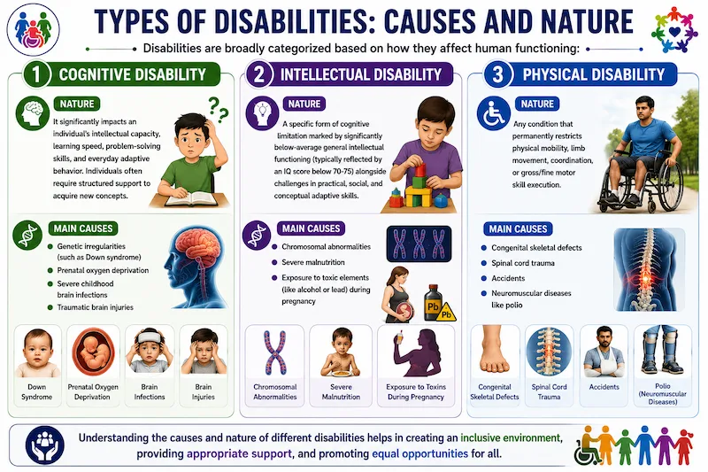 Types of Disabilities infographic illustrating cognitive disability, intellectual disability, and physical disability with their nature, major causes, and key characteristics for CBSE Class 12 Physical Education.