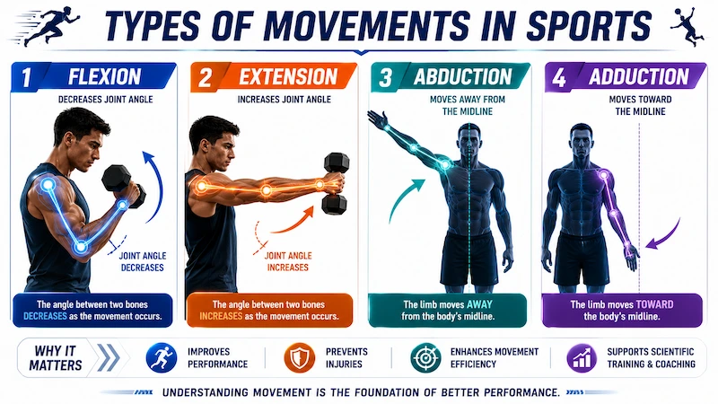 Educational infographic illustrating the four types of movements in sports: Flexion, Extension, Abduction, and Adduction, with athletes demonstrating joint movements and directional arrows.