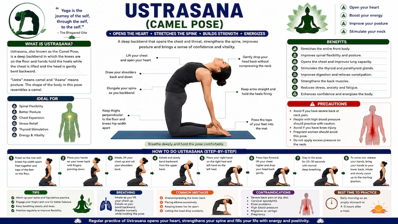 Ustrasana (Camel Pose) yoga infographic demonstrating the correct kneeling backbend posture with both hands holding the heels, chest lifted, hips pushed forward, and head gently tilted back, including step-by-step instructions, benefits, breathing technique, and precautions for CBSE Class 12 Physical Education.