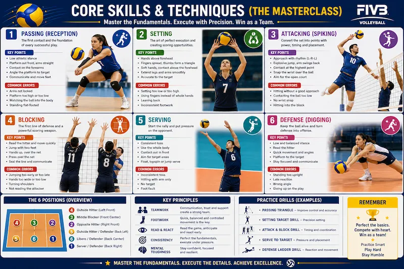 Volleyball skills infographic illustrating the six core techniques: passing, setting, spiking, blocking, serving, and defensive digging with player demonstrations.