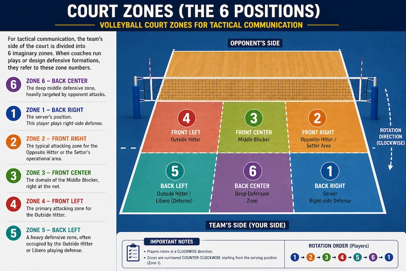 Volleyball court zones diagram showing the six player positions (Zones 1–6), including front-row and back-row areas, player roles, and clockwise rotation.