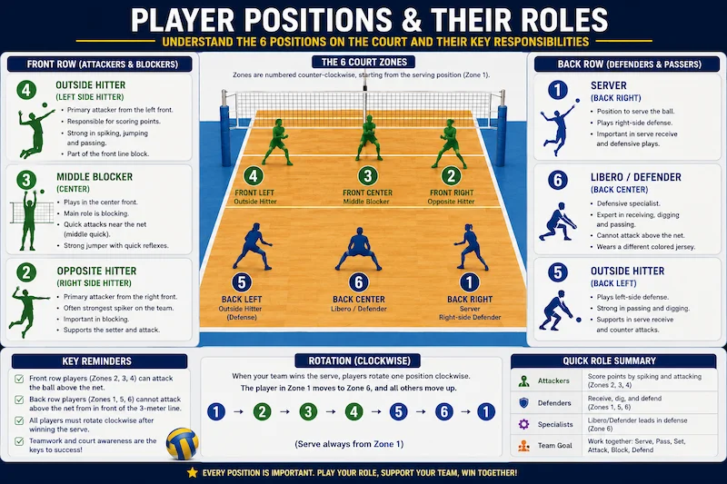 Volleyball player positions infographic showing the roles of the setter, outside hitter, opposite hitter, middle blocker, libero, and defensive specialists on an indoor volleyball court.