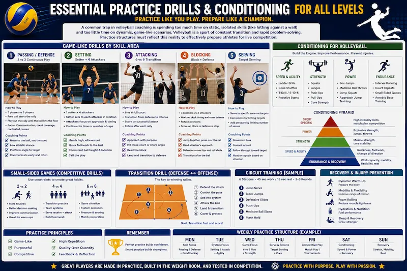 Volleyball practice drills and conditioning infographic featuring skill-based drills, game-like training, agility exercises, strength workouts, recovery methods, and weekly practice planning.