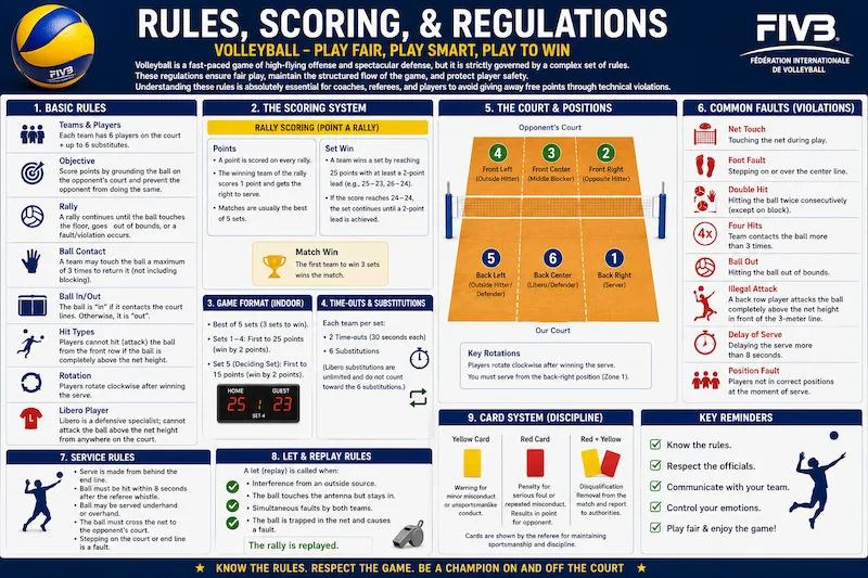 Volleyball rules and scoring infographic explaining rally point scoring, court violations, player rotation, service rules, substitutions, and official FIVB regulations.