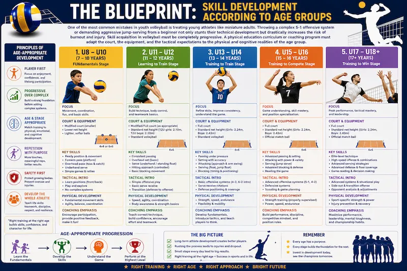 Volleyball skill development infographic showing age-specific training progression, coaching objectives, technical skills, and tactical learning from beginner to advanced youth players.