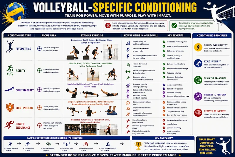Volleyball-specific conditioning infographic showing plyometric exercises, agility drills, core stability training, joint prehabilitation, and power-endurance workouts for indoor volleyball players.