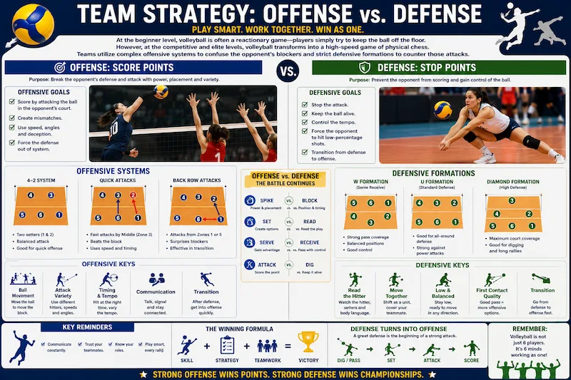 Volleyball team strategy infographic comparing offensive systems and defensive formations, including attacking tactics, blocking, serve receive, court coverage, and transition play