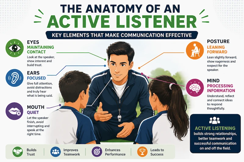 Anatomy of an active listener infographic for sports trainers