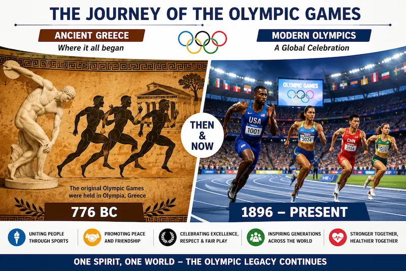 Educational side-by-side infographic comparing the Ancient Olympic Games (776 BC) in Ancient Greece with the Modern Olympic Games (1896–Present), featuring Greek athletes, classical art, and a modern Olympic stadium with athletes.