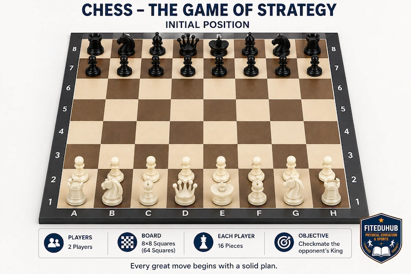 Standard chessboard in the initial position with all chess pieces correctly arranged