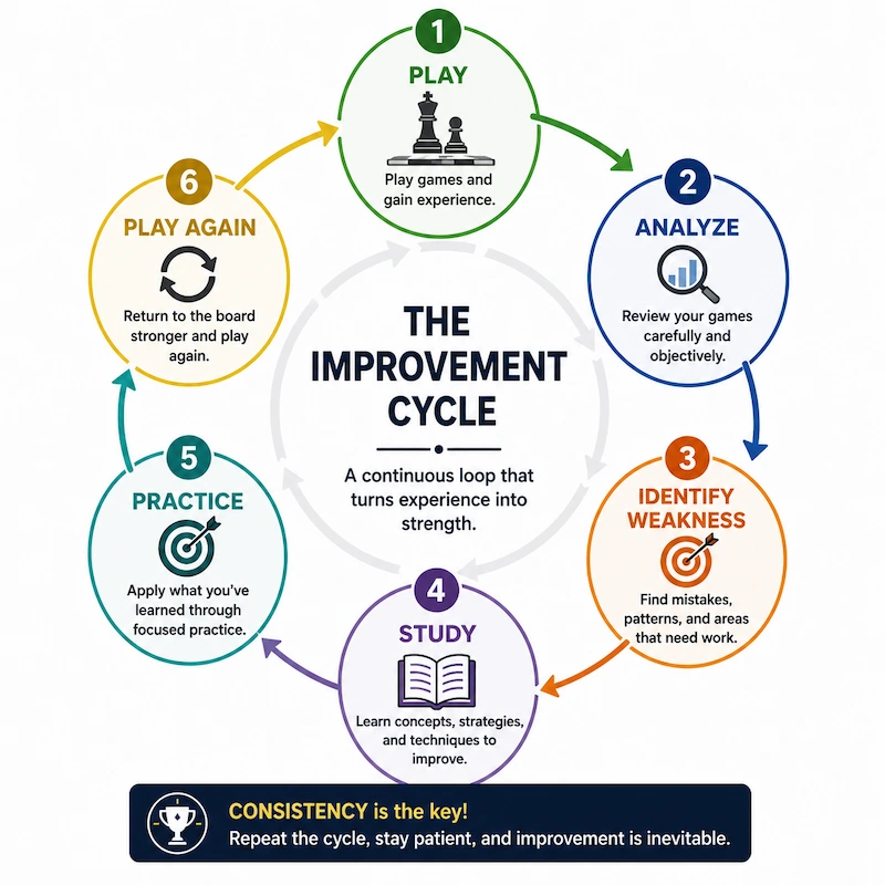 Chess improvement cycle from playing and analyzing to study and practice