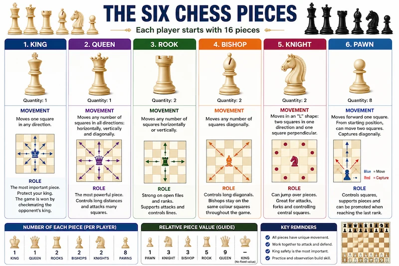 Six chess pieces king queen rook bishop knight and pawn with basic roles