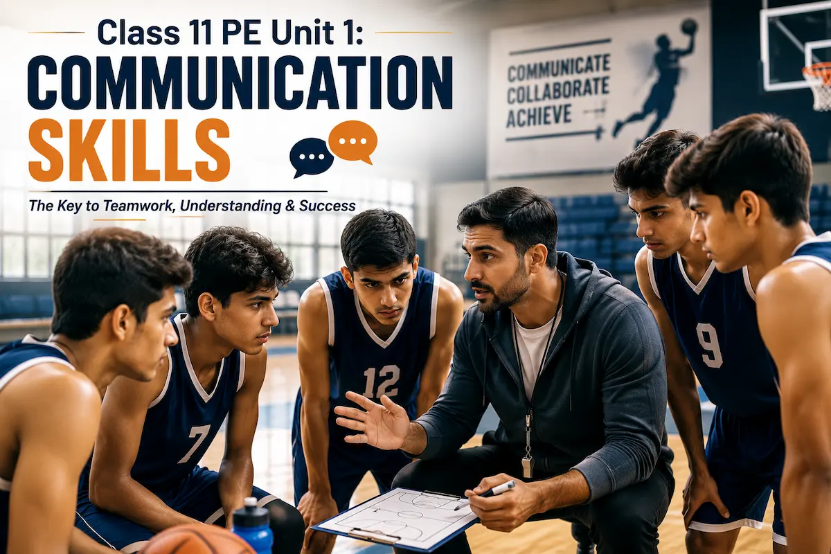 Class 11 Physical Education Unit 1 Communication Skills showing a sports coach explaining strategy to a basketball team