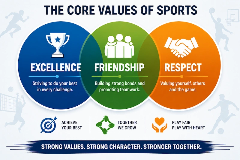 Educational infographic showing the three core values of sports—Excellence, Friendship, and Respect—displayed as three overlapping circles with icons and brief descriptions.