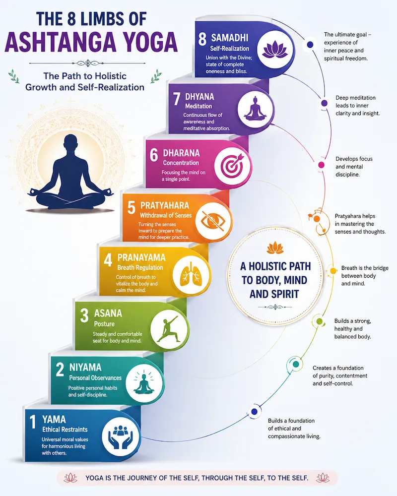 Educational 8-step staircase infographic showing the eight limbs of Ashtanga Yoga in order: Yama, Niyama, Asana, Pranayama, Pratyahara, Dharana, Dhyana, and Samadhi.