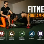 Fitness fundamentals showing a trainer guiding push-up exercise with components of physical fitness