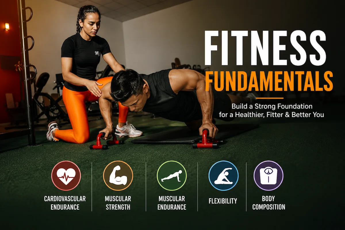 Fitness fundamentals showing a trainer guiding push-up exercise with components of physical fitness