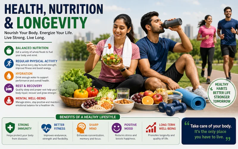 Healthy adults representing balanced nutrition physical activity hydration recovery and long term health