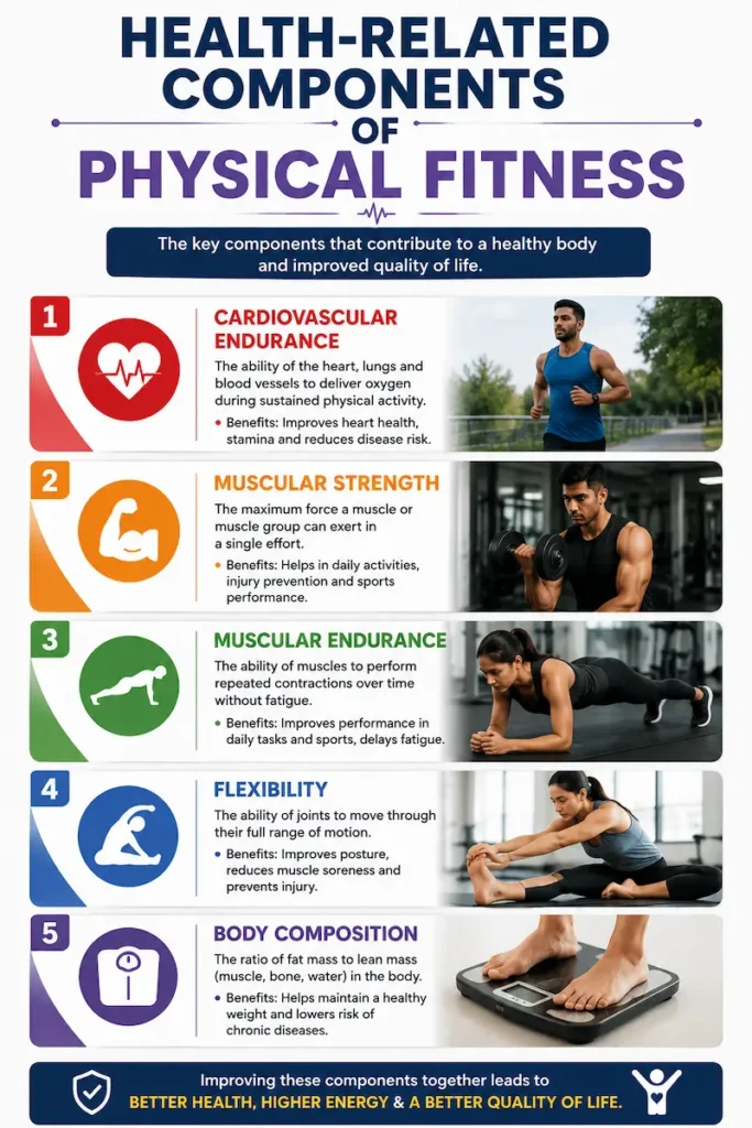 Health-related components of physical fitness: cardiovascular endurance, muscular strength, muscular endurance, flexibility and body composition