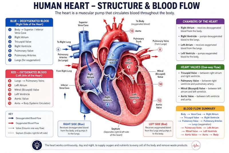 Human heart structure showing oxygenated and deoxygenated blood flow