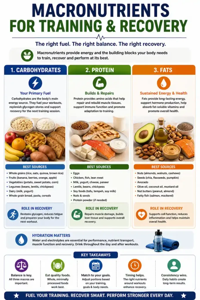 Macronutrients for training and recovery including carbohydrates, protein and healthy fats with food sources