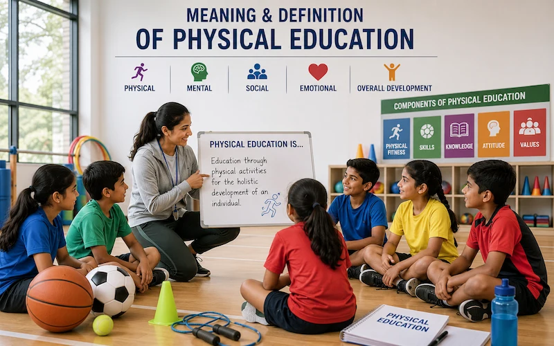 Physical education teacher explaining the meaning and definition of physical education to students