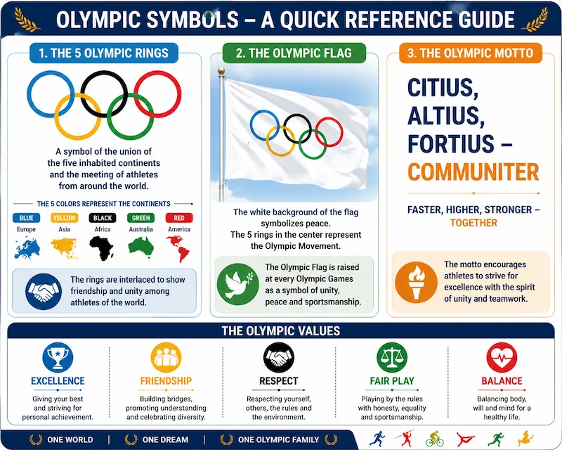 Educational infographic presenting the Olympic Symbols, including the Five Olympic Rings, the Olympic Flag, and the Olympic Motto "Citius, Altius, Fortius – Communiter" as a quick reference guide for students.