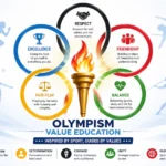 Educational vector illustration representing Olympism Value Education with a glowing Olympic torch at the center, interlocked Olympic rings, and silhouettes of athletes performing different sports on a light blue background.