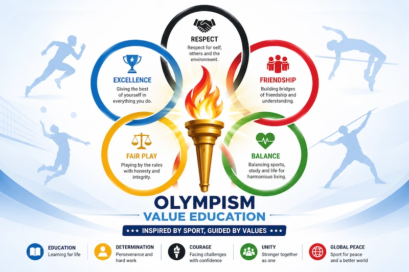 Educational vector illustration representing Olympism Value Education with a glowing Olympic torch at the center, interlocked Olympic rings, and silhouettes of athletes performing different sports on a light blue background.