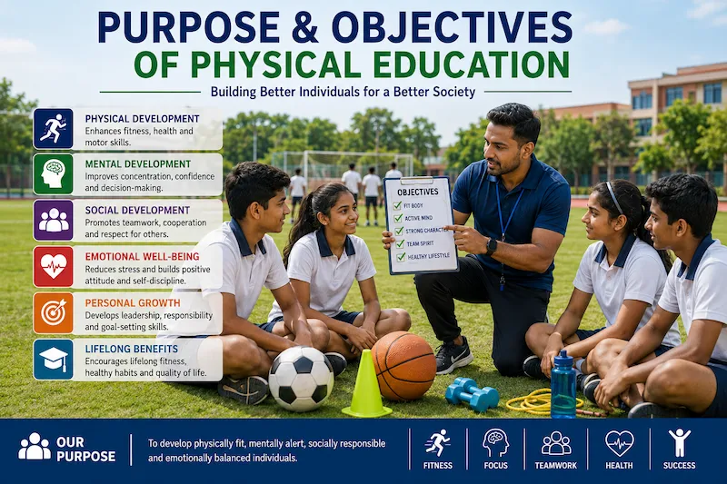 Physical education teacher explaining the purpose and objectives of physical education to students
