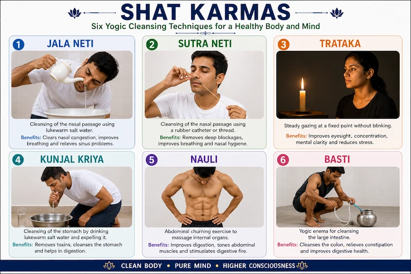 Educational infographic showing real people demonstrating the six Shat Karmas of Yoga: Jala Neti, Sutra Neti, Trataka, Kunjal Kriya, Nauli, and Basti.
