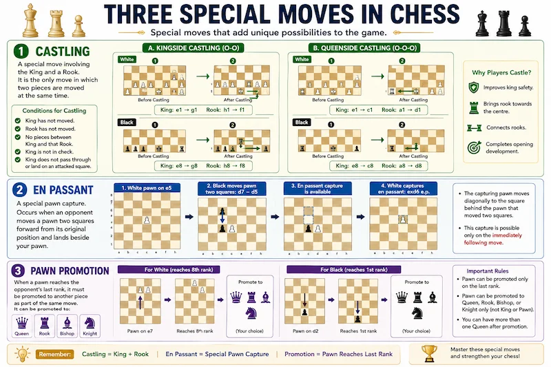 Chess special moves showing castling en passant and pawn promotion